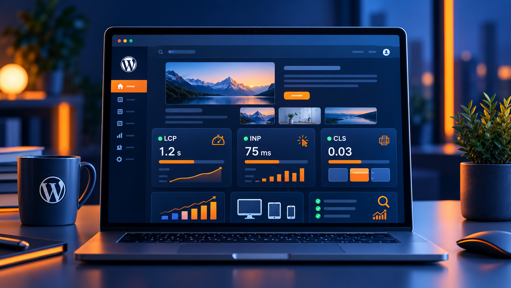Tableau de bord WordPress présentant les Core Web Vitals LCP, INP et CLS