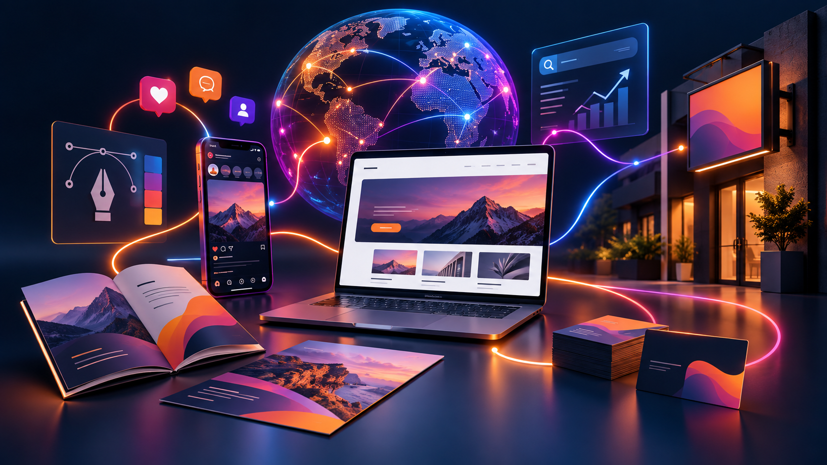Illustration d’une agence de communication globale réunissant web, réseaux sociaux, print, graphisme et signalétique