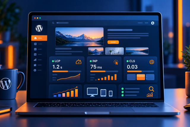 Tableau de bord WordPress présentant les Core Web Vitals LCP, INP et CLS