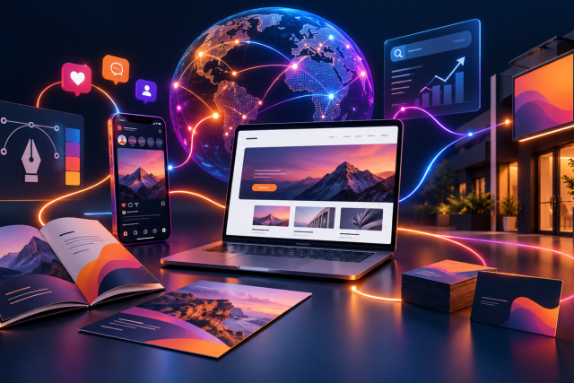Illustration d’une agence de communication globale réunissant web, réseaux sociaux, print, graphisme et signalétique