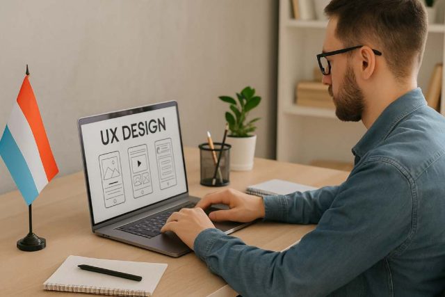 creation site internet au Luxembourg : Un homme travaillant sur le design UX d’un site internet avec un drapeau luxembourgeois sur son bureau, illustrant les enjeux d’ergonomie et les erreurs fréquentes sur un site web. site internet Luxembourg, erreurs site web, agence web, UX design, expérience utilisateur, drapeau Luxembourg, création site web, optimisation site internet, développeur web Luxembourg, ergonomie site web